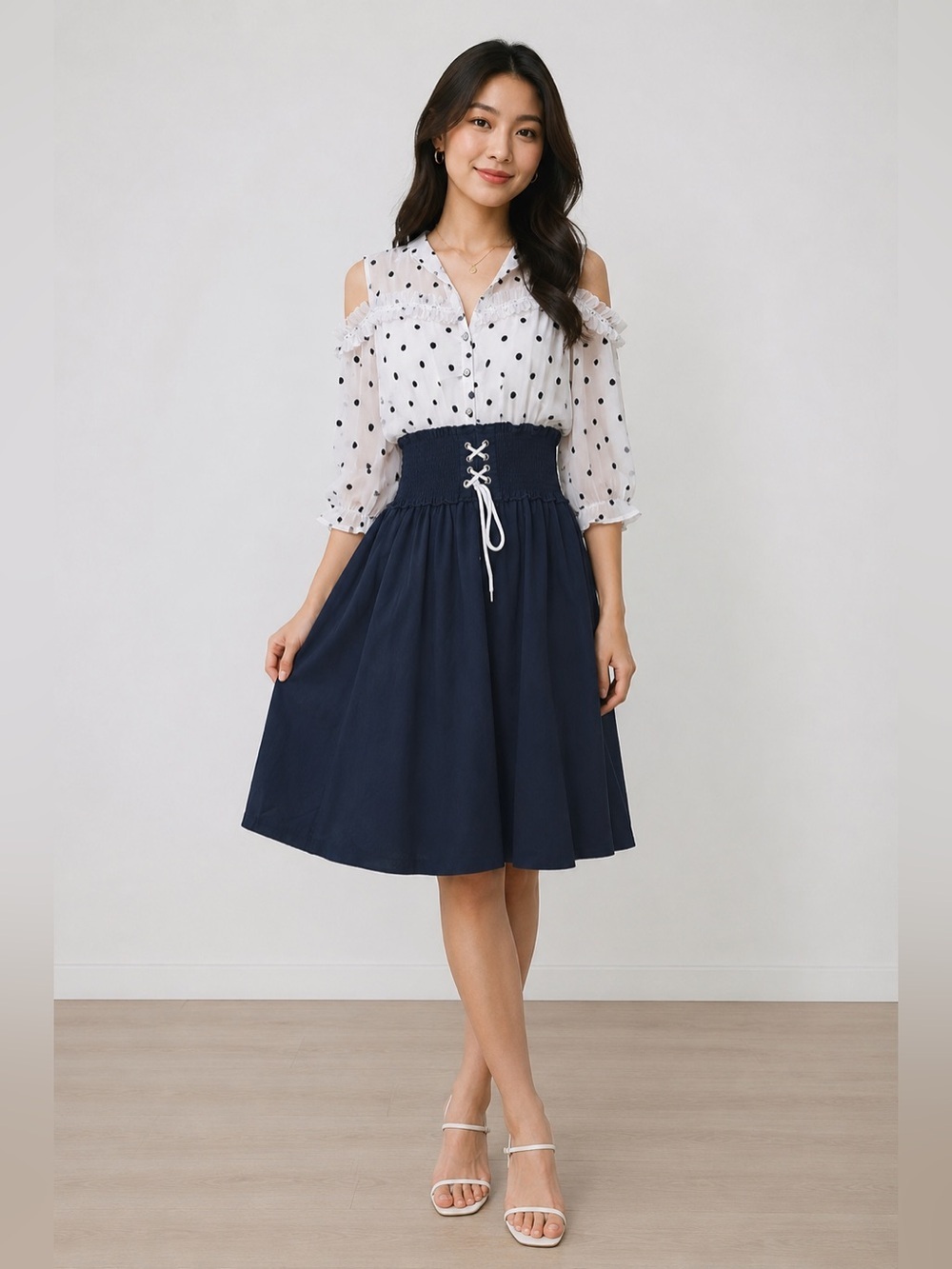 Zola Navy Blue Polka Dot 3/4 Cold Shoulder Sleeve Midi Dress 40/8
